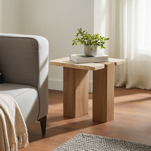 Selene Natural Genuine Travertine and Oak Wood End / Side Table, 1 Piece