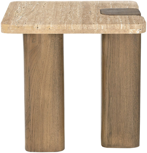 Selene Natural Genuine Travertine and Oak Wood End / Side Table, 1 Piece