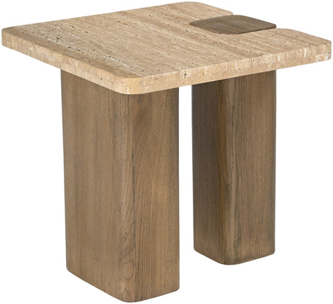 Selene Natural Genuine Travertine and Oak Wood End / Side Table, 1 Piece