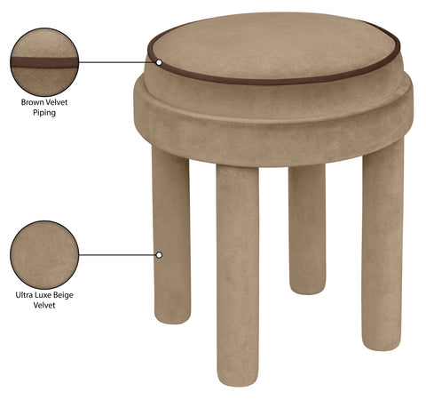 Reese Beige Velvet Upholstered Ottoman / Stool, 1 Piece
