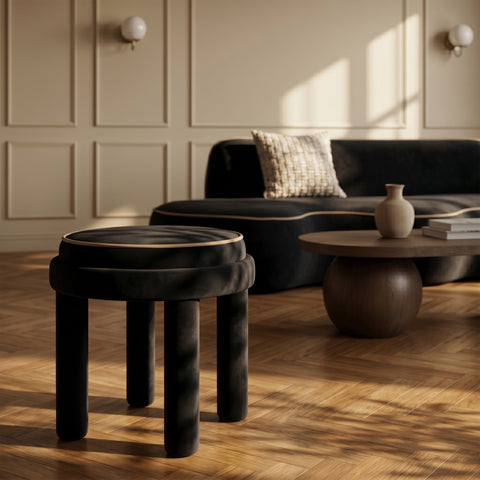 Reese Black Velvet Upholstered Ottoman / Stool, 1 Piece
