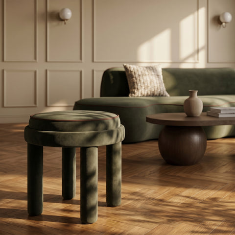 Reese Green Velvet Upholstered Ottoman / Stool, 1 Piece
