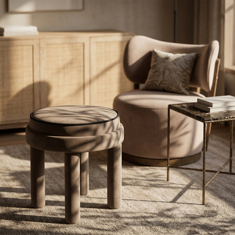 Reese Taupe Velvet Upholstered Ottoman / Stool, 1 Piece
