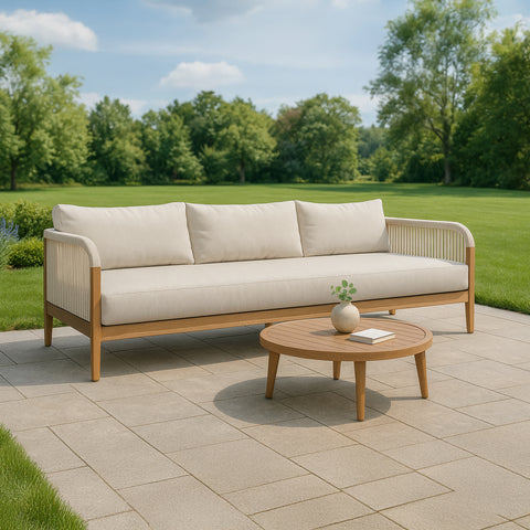 Giselle 88" Cream Water Resistant Fabric Upholstered Outdoor Patio Sofa, 1 Piece