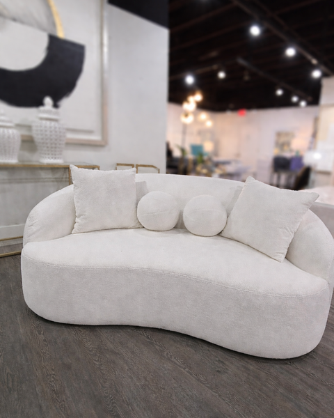 Ivory Bouclé Curved Accent Loveseat with Pillows