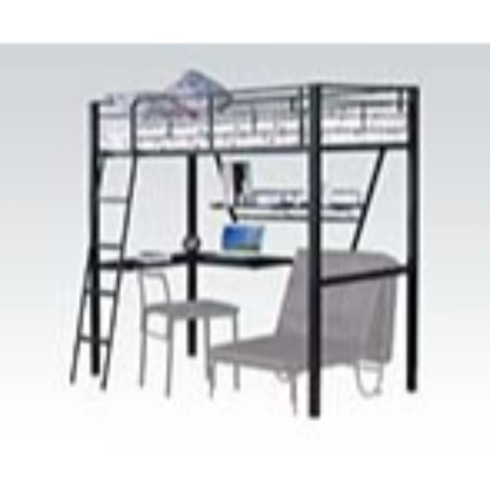 bently twin loft bed w/desk, silver & black finish