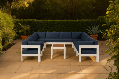 Waverly 120" Navy Water Resistant Fabric Upholstered Outdoor Patio Sectional, 10-Piece