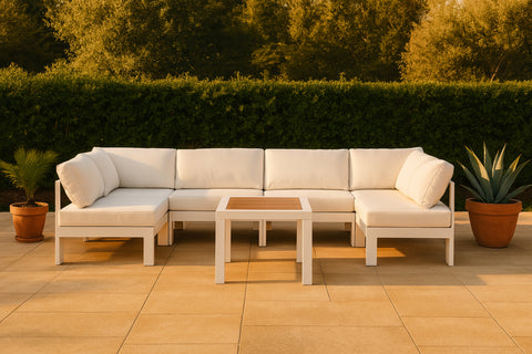 Waverly 120" White Water Resistant Fabric Upholstered Outdoor Patio Sectional, 6-Piece (Style 2)