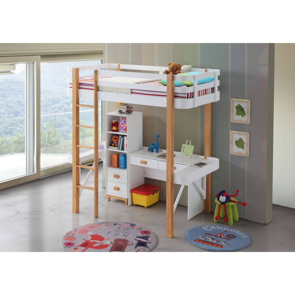 boice twin loft bed, white & natural finish