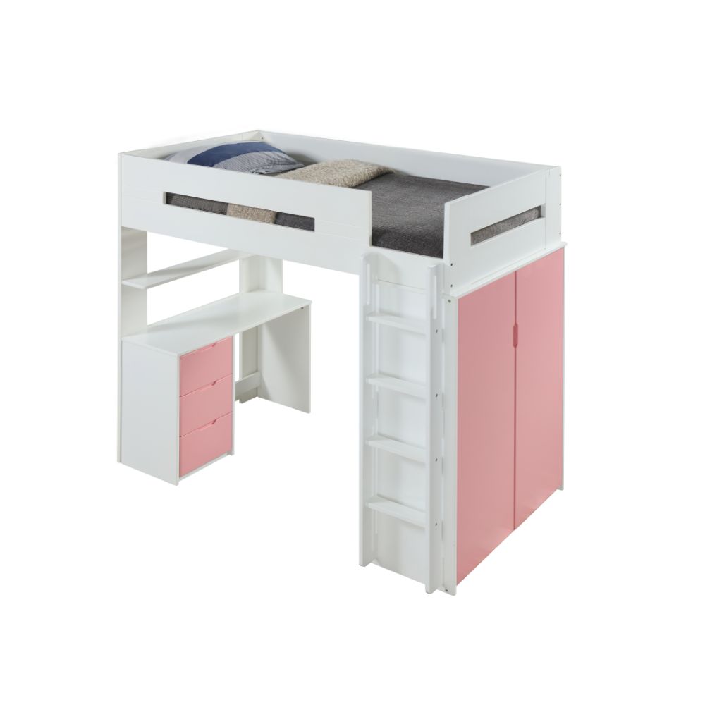 bois nerice twin loft bed w/desk & wardrobe, white & pink finish