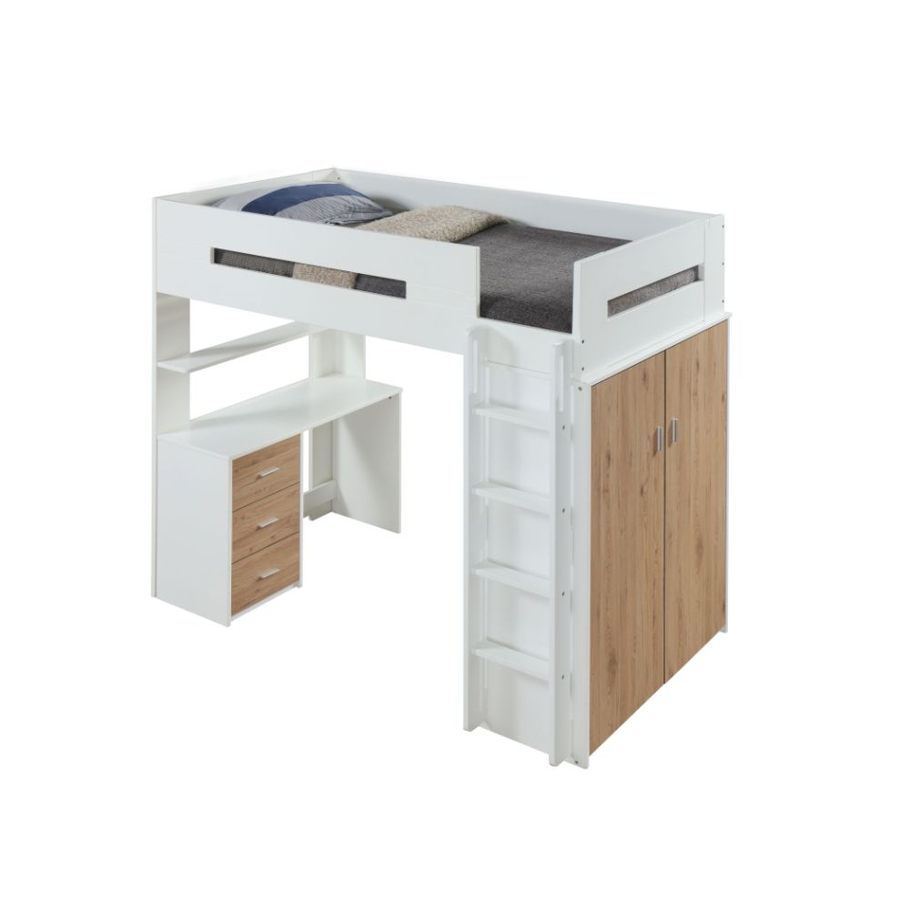 bois nerice twin loft bed w/desk & wardrobe, white & oak finish