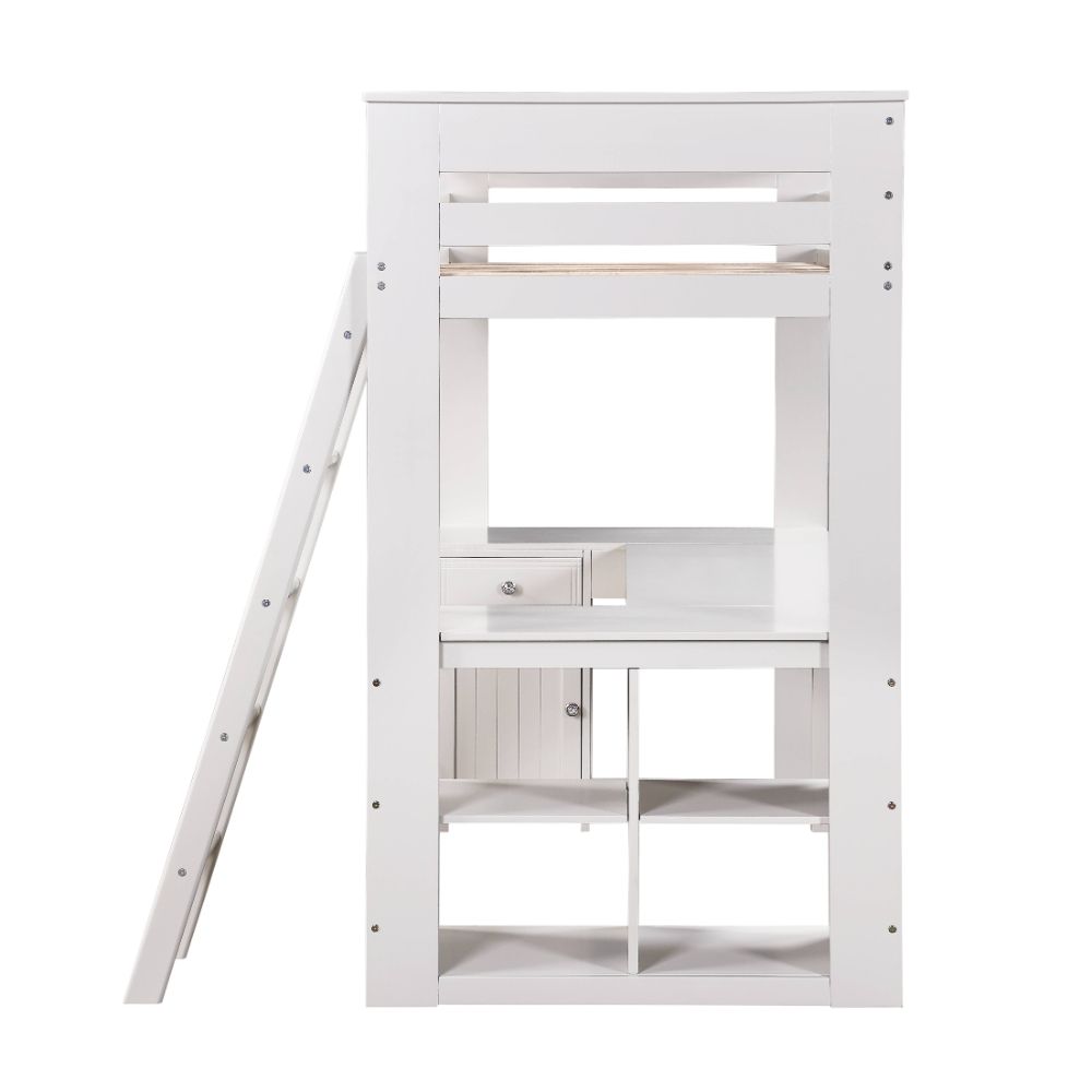 bovasis twin loft bed w/desk & bookcase & chest, light gray finish