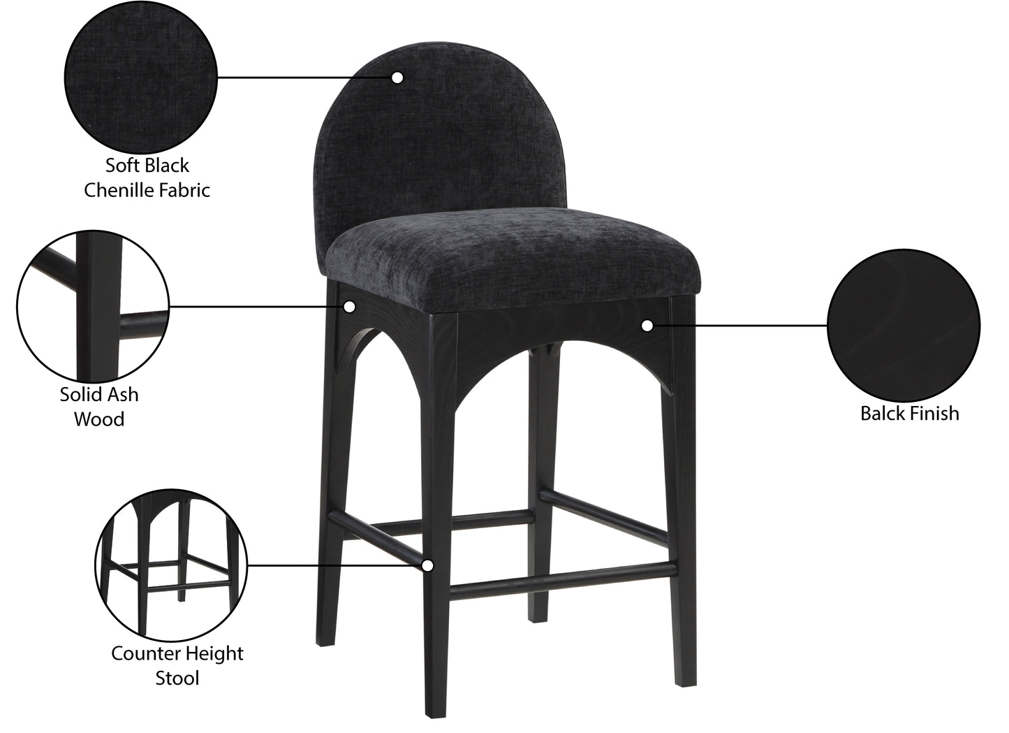 brielle black chenille fabric stool c