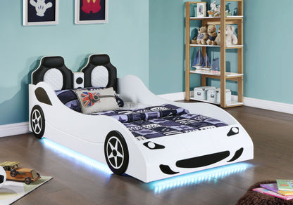 Imez Wood Twin LED Race Car Bed and 7-inch Mattress White