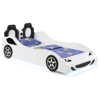 Imez Wood Twin LED Race Car Bed and 7-inch Mattress White