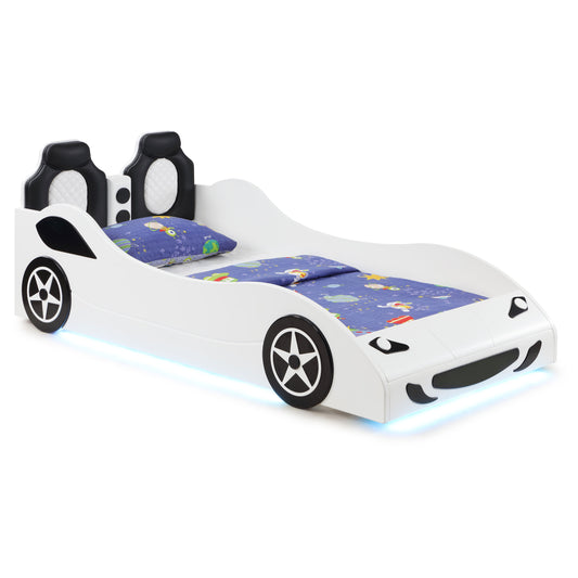 Imez Wood Twin LED Race Car Bed and 7-inch Mattress White