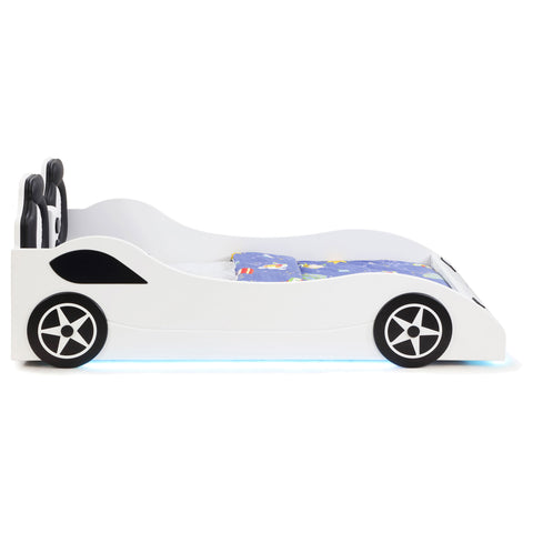 Imez Wood Twin LED Race Car Bed and 7-inch Mattress White