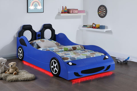 Imez Wood Twin LED Race Car Bed and 7-inch Mattress Blue
