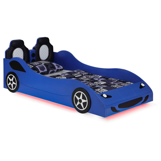 Imez Wood Twin LED Race Car Bed and 7-inch Mattress Blue