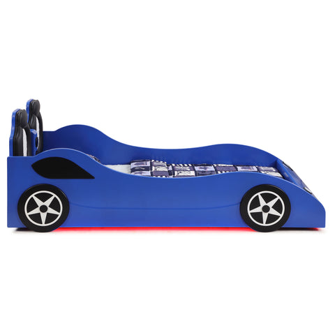 Imez Wood Twin LED Race Car Bed and 7-inch Mattress Blue
