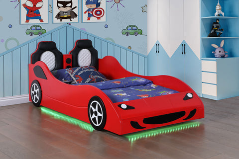 Imez Wood Twin LED Race Car Bed and 7-inch Mattress Red