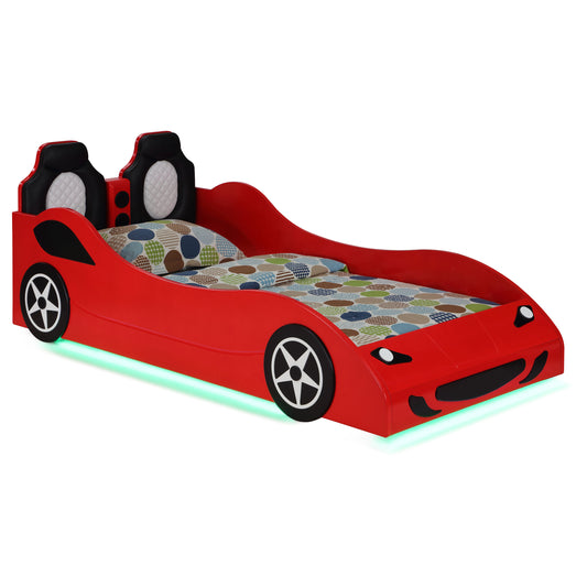 Imez Wood Twin LED Race Car Bed and 7-inch Mattress Red