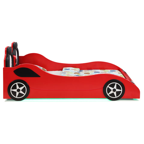 Imez Wood Twin LED Race Car Bed and 7-inch Mattress Red