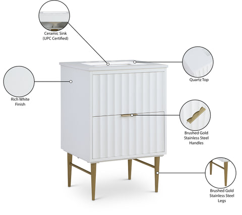 Isolde 24" White Engineered Stone Top And Solid Wood Base Bathroom Vanity, 1 Piece