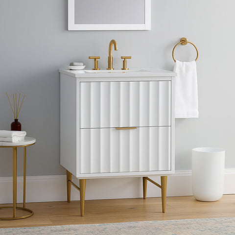 Isolde 24" White Engineered Stone Top And Solid Wood Base Bathroom Vanity, 1 Piece