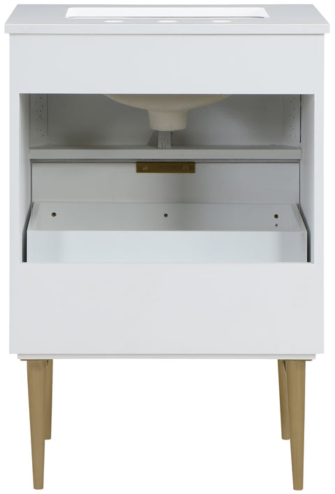 Isolde 24" White Engineered Stone Top And Solid Wood Base Bathroom Vanity, 1 Piece