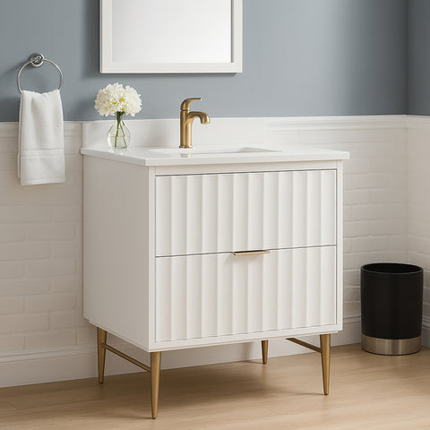 Isolde 30" White Engineered Stone Top And Solid Wood Base Bathroom Vanity, 1 Piece