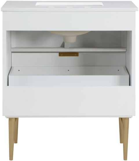 Isolde 30" White Engineered Stone Top And Solid Wood Base Bathroom Vanity, 1 Piece