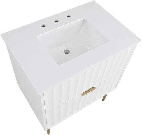 Isolde 30" White Engineered Stone Top And Solid Wood Base Bathroom Vanity, 1 Piece