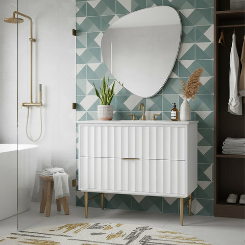 Isolde 36" White Engineered Stone Top And Solid Wood Base Bathroom Vanity, 1 Piece