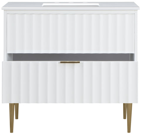 Isolde 36" White Engineered Stone Top And Solid Wood Base Bathroom Vanity, 1 Piece