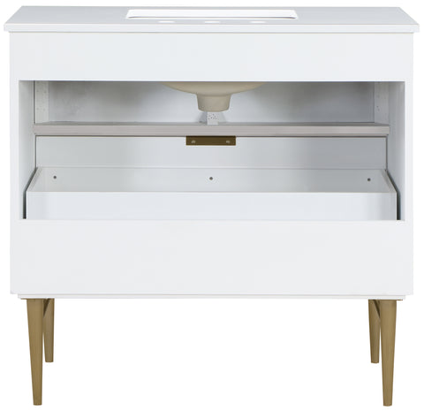 Isolde 36" White Engineered Stone Top And Solid Wood Base Bathroom Vanity, 1 Piece