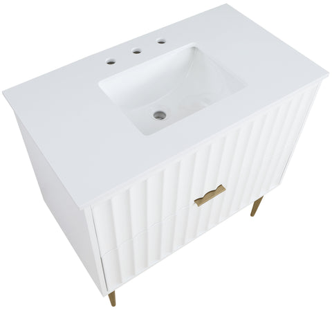 Isolde 36" White Engineered Stone Top And Solid Wood Base Bathroom Vanity, 1 Piece