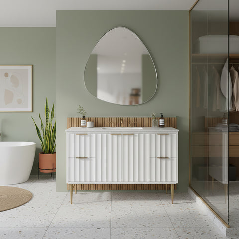 Isolde 48" White Engineered Stone Top And Solid Wood Base Bathroom Vanity, 1 Piece