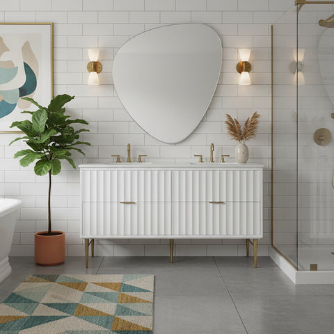 Isolde 60" White Engineered Stone Top And Solid Wood Base Bathroom Vanity, 1 Piece