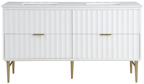 Isolde 60" White Engineered Stone Top And Solid Wood Base Bathroom Vanity, 1 Piece