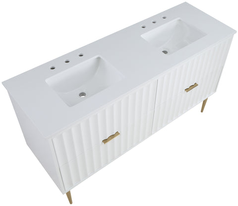 Isolde 60" White Engineered Stone Top And Solid Wood Base Bathroom Vanity, 1 Piece
