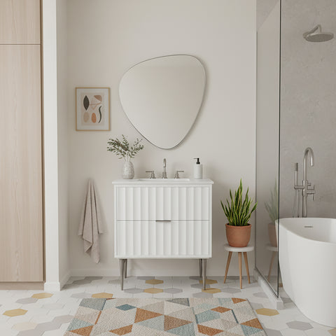 Isolde 30" White Engineered Stone Top And Solid Wood Base Bathroom Vanity, 1 Piece (Style 2)