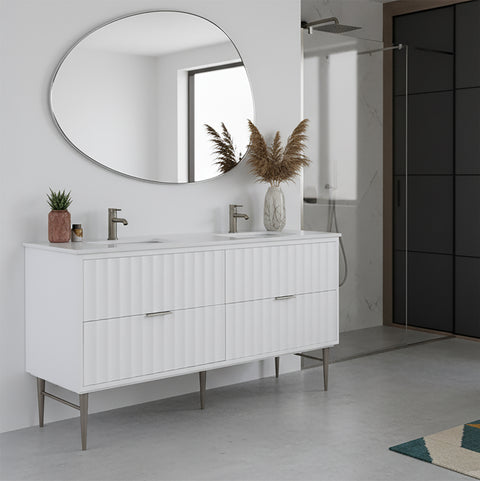 Isolde 60" White Engineered Stone Top And Solid Wood Base Bathroom Vanity, 1 Piece (Style 2)