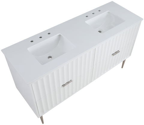 Isolde 60" White Engineered Stone Top And Solid Wood Base Bathroom Vanity, 1 Piece (Style 2)