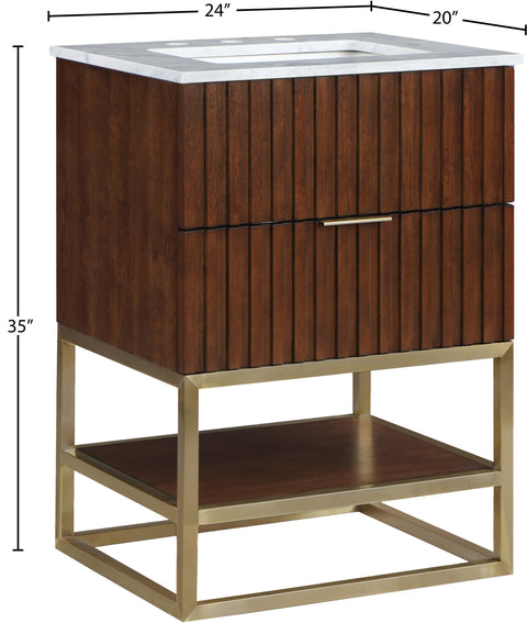 Delaney 24" Walnut Genuine Marble Top, Steel And Glass Base Bathroom Vanity, 1 Piece