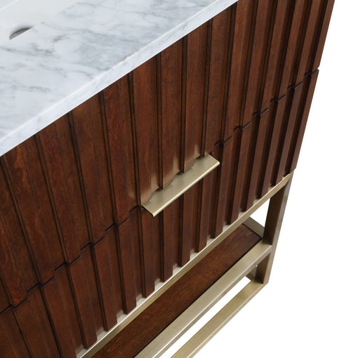 Delaney 24" Walnut Genuine Marble Top, Steel And Glass Base Bathroom Vanity, 1 Piece