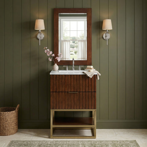 Delaney 24" Walnut Genuine Marble Top, Steel And Glass Base Bathroom Vanity, 1 Piece