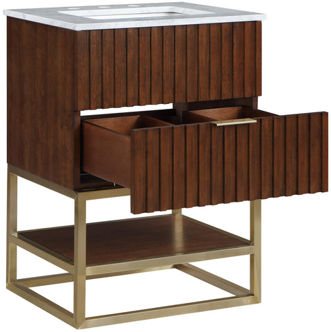 Delaney 24" Walnut Genuine Marble Top, Steel And Glass Base Bathroom Vanity, 1 Piece