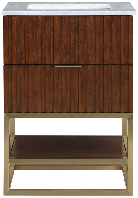 Delaney 24" Walnut Genuine Marble Top, Steel And Glass Base Bathroom Vanity, 1 Piece