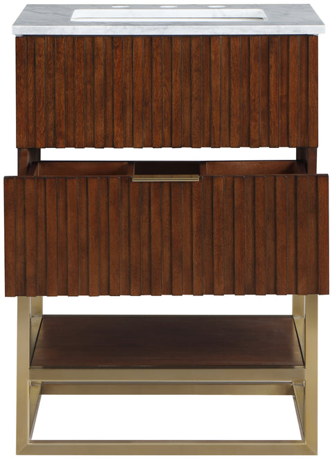 Delaney 24" Walnut Genuine Marble Top, Steel And Glass Base Bathroom Vanity, 1 Piece